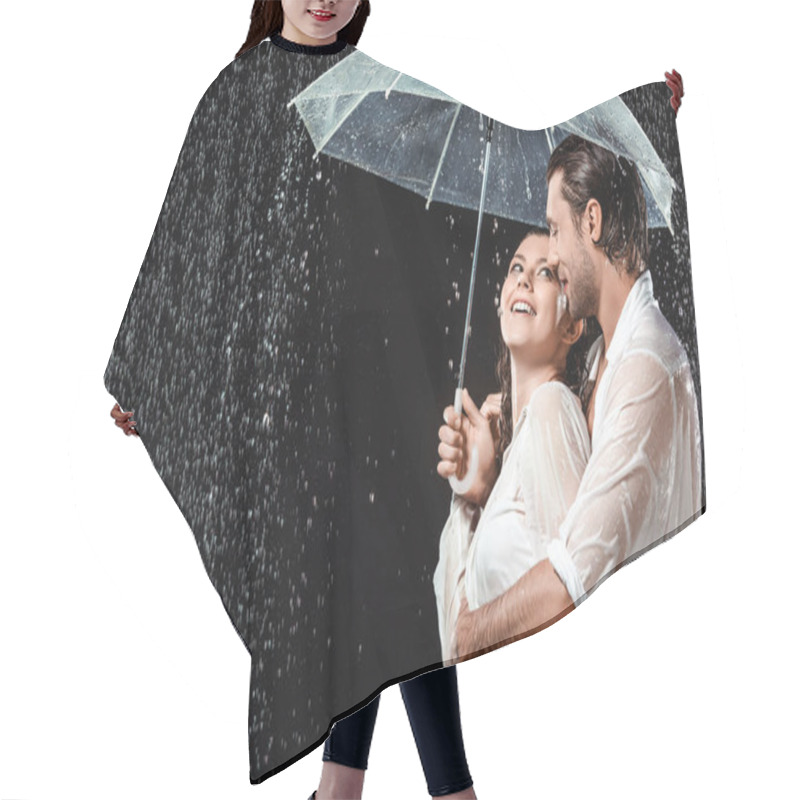 Personality  Side View Of Romantic Couple In White Shirts Standing Under Umbrella Under Raindrops Isolated On Black Hair Cutting Cape