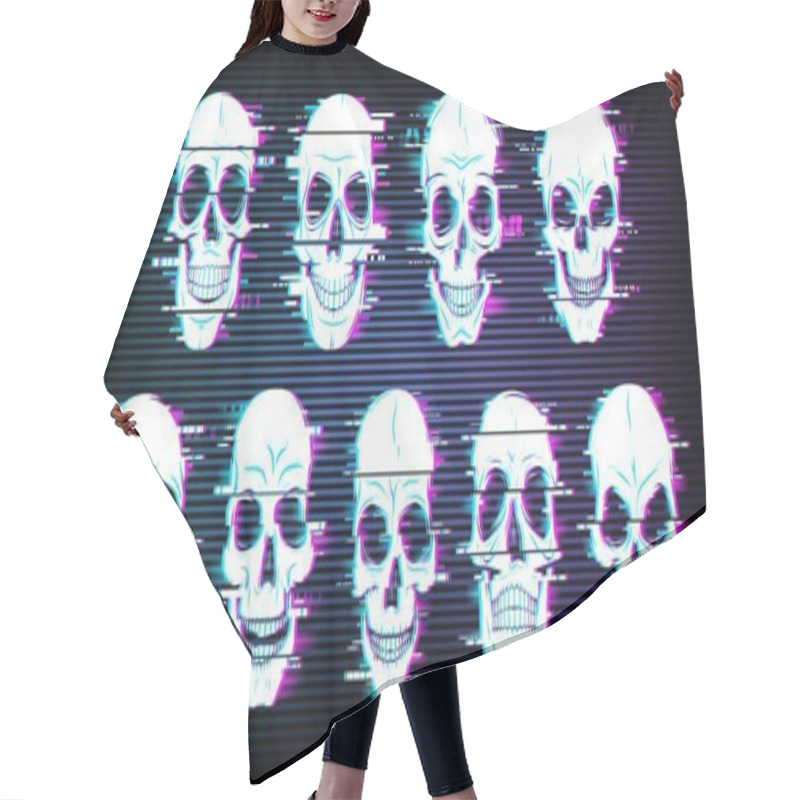 Personality  Glitch Skulls Vector Distorted Neon Glowing Pixelized Craniums Or Jolly Roger. Trippy Digital Art, Horror, Dead Heads On Black Background. Television Messy Distortion Or Vhs Tape Glitch Effect Hair Cutting Cape