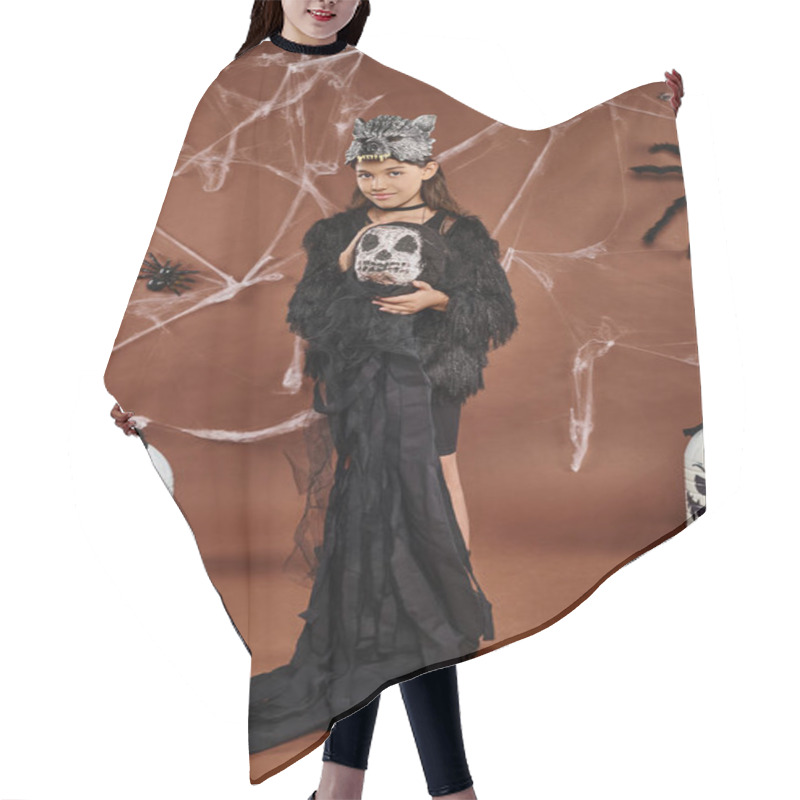 Personality  Cute Preteen Girl Holds Halloween Toy On Brown Backdrop With Cobweb And Spiders, Halloween Concept Hair Cutting Cape