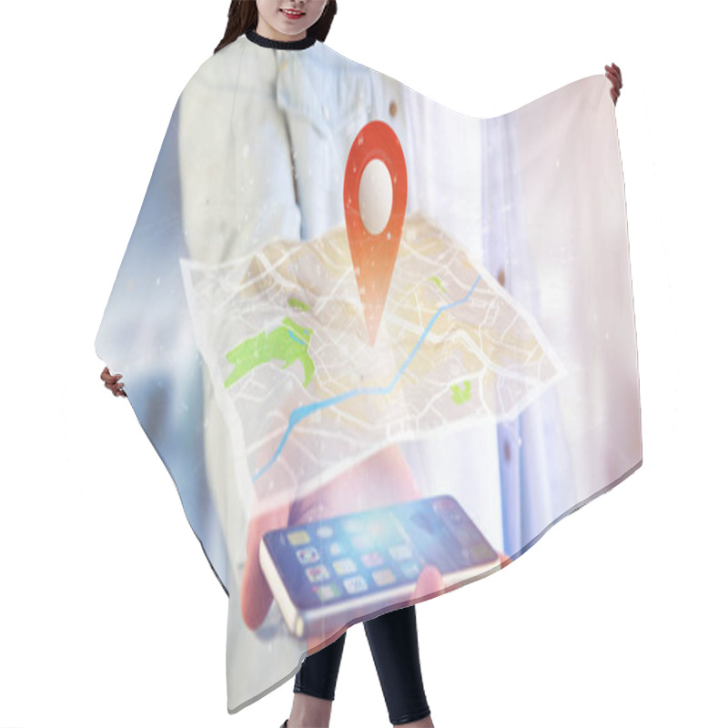 Personality  View Of A Man Holding A 3d Rendering Pin Holder On A Map Hair Cutting Cape