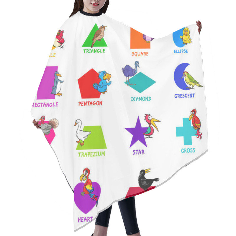 Personality  Educational Cartoon Illustration Of Basic Geometric Shapes With Captions And Birds Animal Characters For Children Hair Cutting Cape