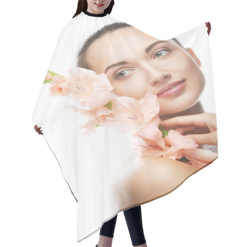 Personality  Woman With Gladiolus Flowers In Her Hands Hair Cutting Cape