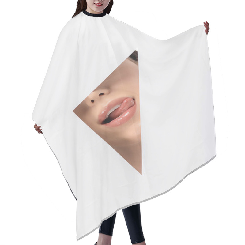 Personality  Cropped Shot Of Girl Licking Lips Through Hole On White Hair Cutting Cape