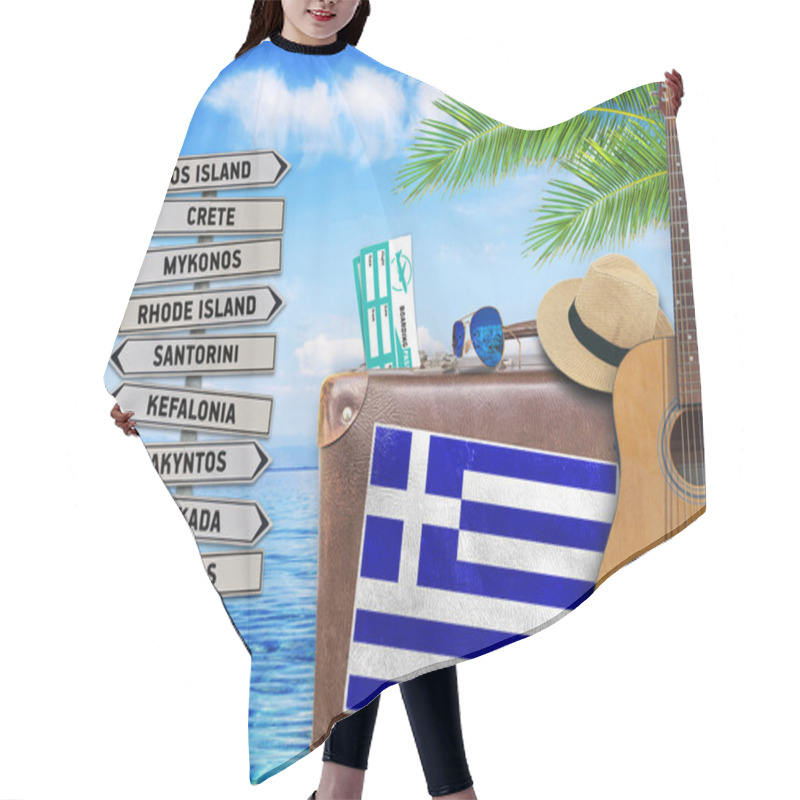 Personality  Concept Of Summer Traveling With Old Suitcase And Greek Islands Sign Hair Cutting Cape