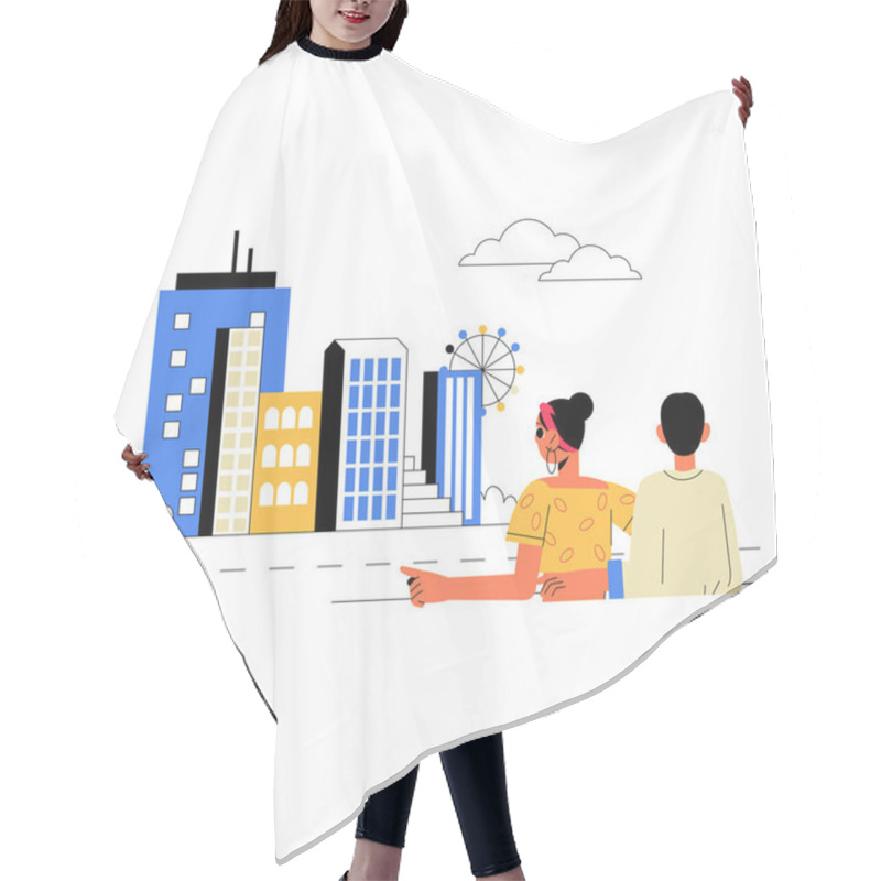 Personality  A Couple Admiring A Vibrant City Skyline With Tall Buildings And A Ferris Wheel, Symbolizing Urban Exploration And Togetherness In A Flat Vector Illustration. Hair Cutting Cape