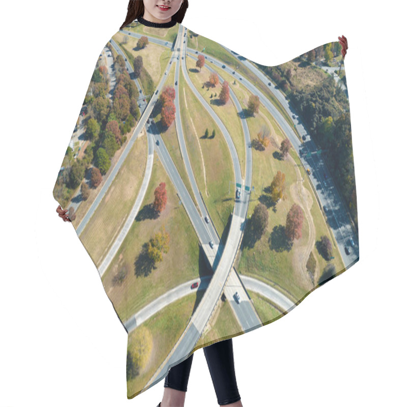 Personality  Aerial View Of American Freeway Intersection With Fast Moving Cars And Trucks. USA Transportation Infrastructure Concept. Hair Cutting Cape