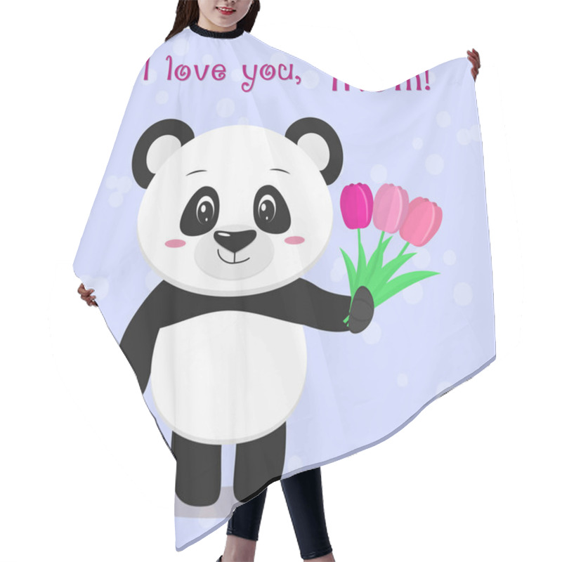 Personality  A Sweet Panda Is Standing And Holding In Its Paws Three Pink Tulips, Congratulates Mothers In The Style Of Cartoons. Hair Cutting Cape