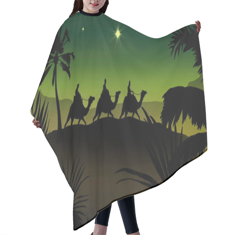 Personality  Image Of Silhouette Of Three Wise Men On Camels Over Tropical Landscape On Green Background. Christmas, Celebration And Tradition Concept Digitally Generated Image. Hair Cutting Cape