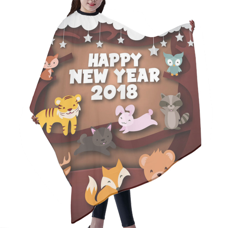 Personality  Cute Cheerful Forest Wild Animal Theme Happy New Year 2018 Paper Art Card Illustration, Suitable For Children Greeting Card, Party Invitation, And Social Media Hair Cutting Cape