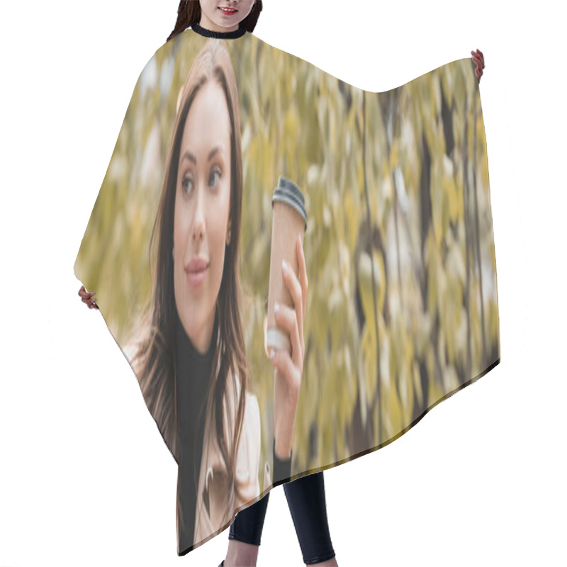 Personality  Dreamy Woman In Beige Trench Coat Holding Paper Cup With Coffee To Go In Autumnal Park, Banner Hair Cutting Cape