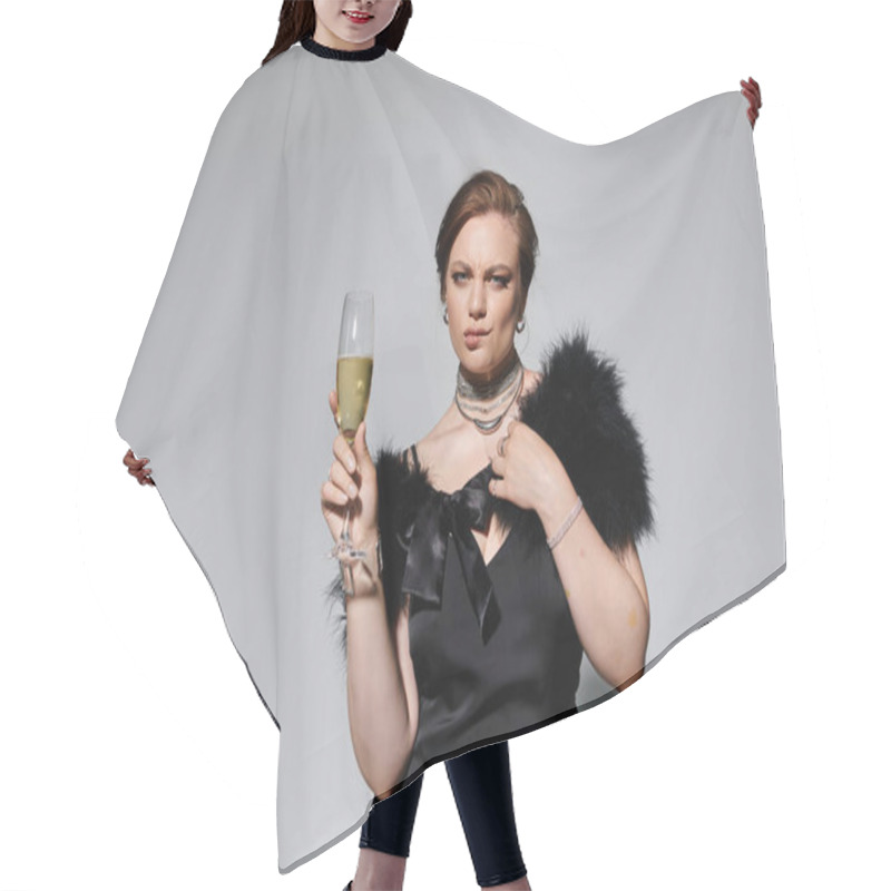 Personality  Elegant Woman Holds A Glass Of Champagne, Radiating Confidence In Sophisticated Attire And Pearls. Hair Cutting Cape