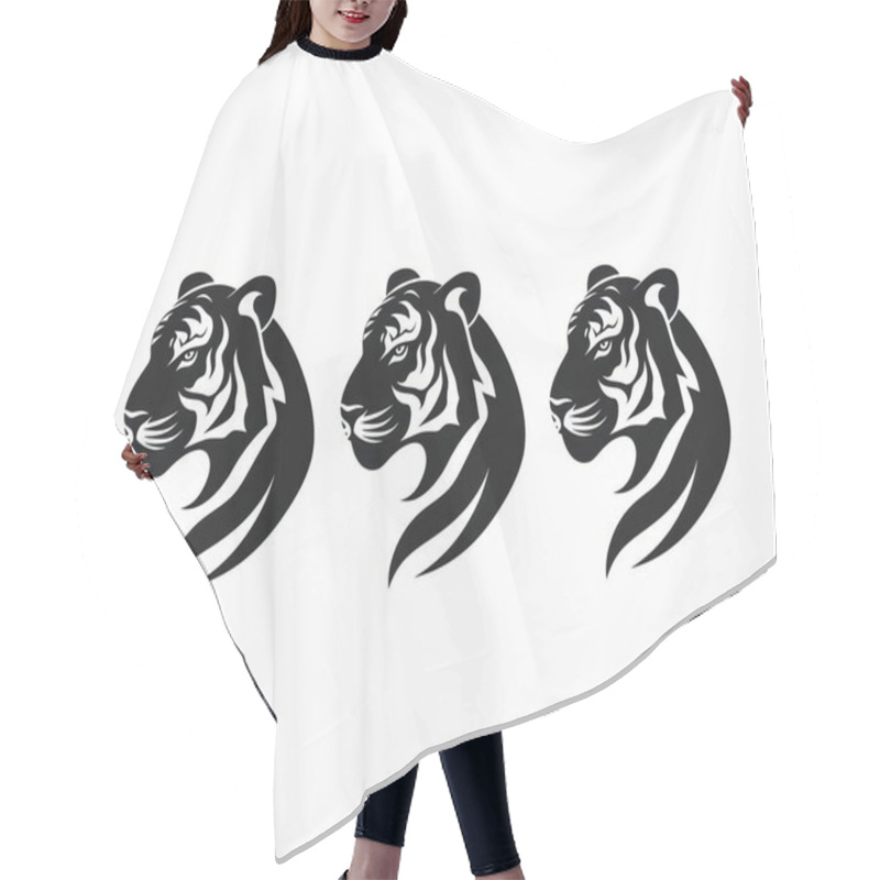 Personality  Three Sleek Tiger Heads In Dynamic Profile View, Showcasing Elegance And Strength Through Bold Black Lines. Hair Cutting Cape