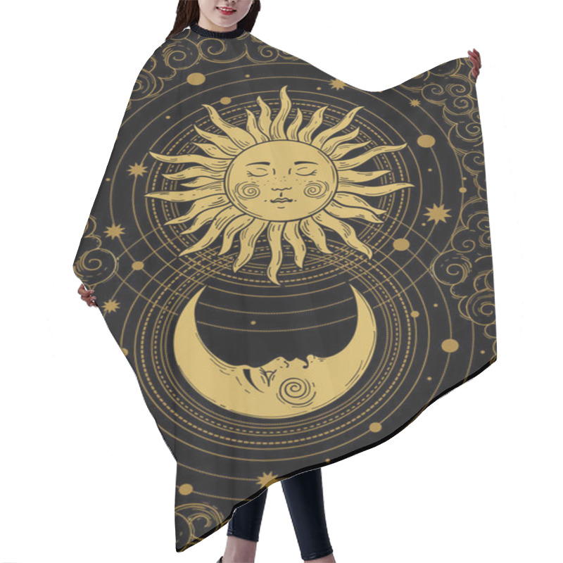 Personality  Celestial Golden Crescent Moon Pattern With Face, Sun And Clouds On A Black Background. Boho Design Elements For Tarot, Astrology, Tattoo, Cover. Vector Illustration Hair Cutting Cape