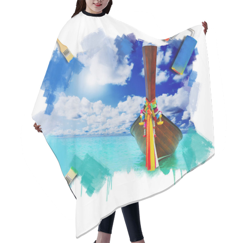 Personality  Longtail Boat On The Sea Tropical Beach Hair Cutting Cape