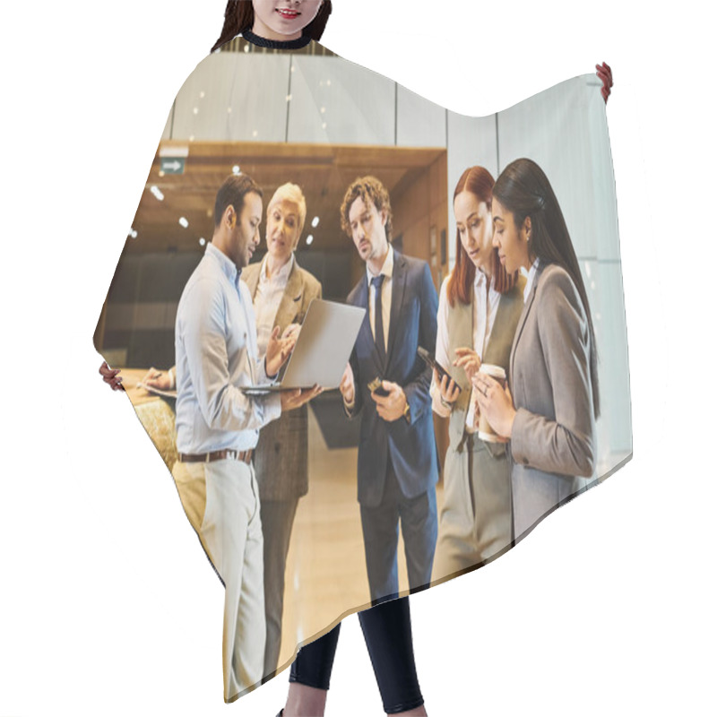 Personality  Diverse Business Team Standing In A Circle Discussing Strategies. Hair Cutting Cape