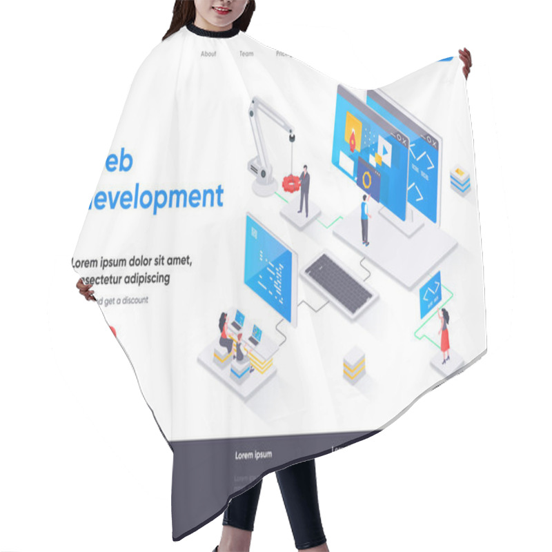 Personality  Web Development Isometric Landing Page. Full Stack Development, Software Engineering, Design And Programming Isometry Web Page. Website Flat Template, Vector Illustration With People Characters. Hair Cutting Cape