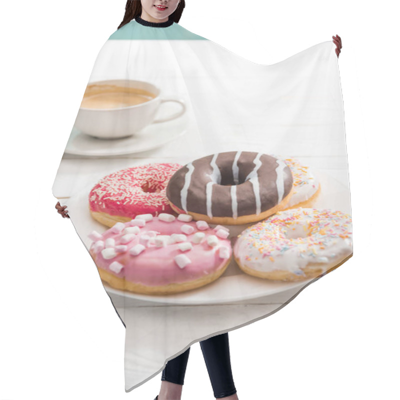 Personality  Donuts With Cup Of Coffee For Breakfast  Hair Cutting Cape