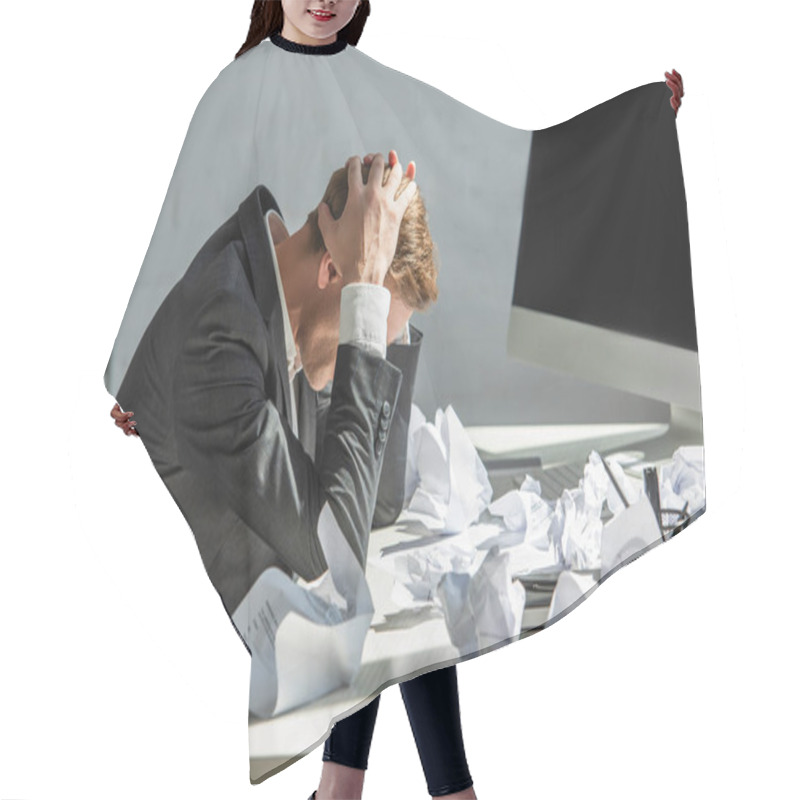 Personality  Stressed Businessman With Hands On Head, Sitting At Workplace With Crumbled Papers On Blurred Background Hair Cutting Cape