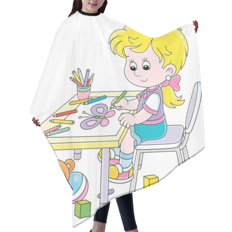 Personality  Smiling Little Girl Sitting At Her Table Among Toys And Drawing With Color Pencils A Funny Picture Of A Small Beautiful Butterfly, Vector Cartoon Illustration On A White Background Hair Cutting Cape