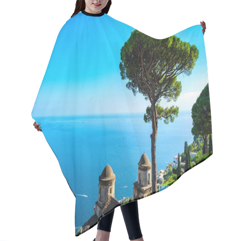 Personality  The Amalfi Coast Dazzles With Its Turquoise Sea And Towering Trees Casting Shadows Over Ancient Stone Structures On A Sunny Afternoon. Ravello Italy At Sunset Hair Cutting Cape