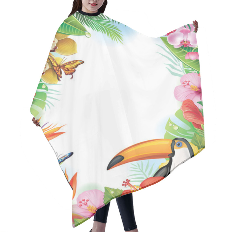 Personality  Frame With Tropical Flowers, Butterflies And Toucan Hair Cutting Cape