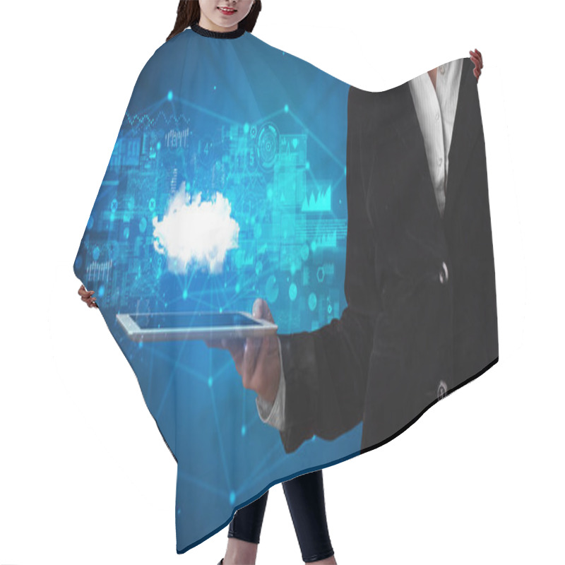 Personality  Hand Holding Tablet With Cloud Technology Concept Hair Cutting Cape