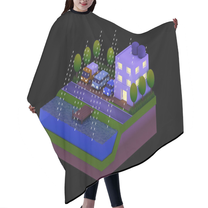 Personality   Isometric City Buildings, Landscape, Road And River, Night Scen Hair Cutting Cape