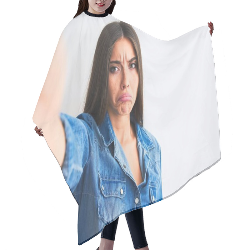 Personality  Beautiful Woman Wearing Denim Shirt Make Selfie By Camera Over Isolated White Background Depressed And Worry For Distress, Crying Angry And Afraid. Sad Expression. Hair Cutting Cape