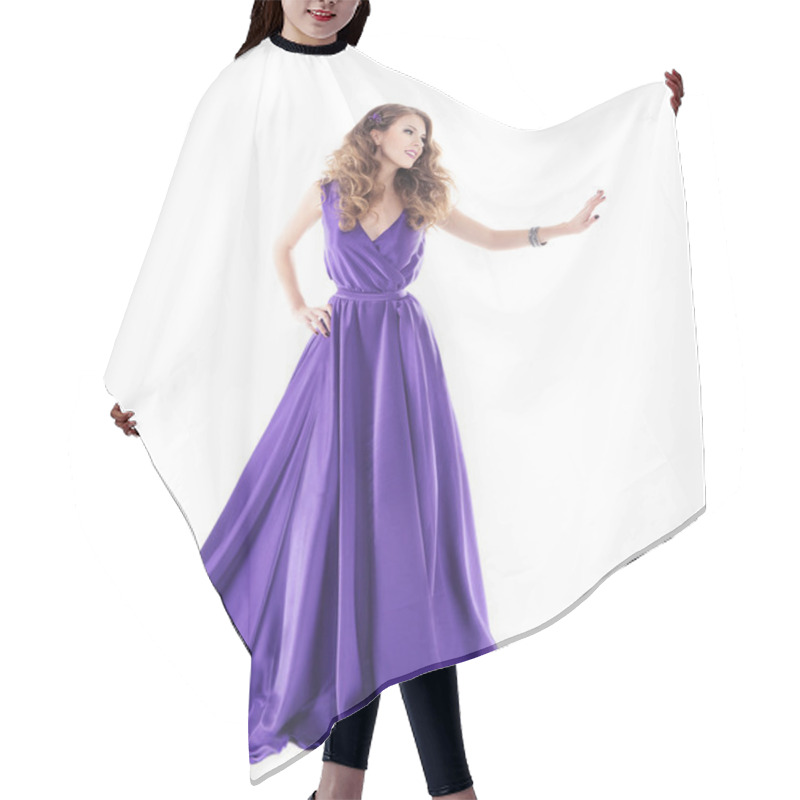 Personality  Woman Showing Advertisement In Long Purple Silk Dress Over White Background Hair Cutting Cape