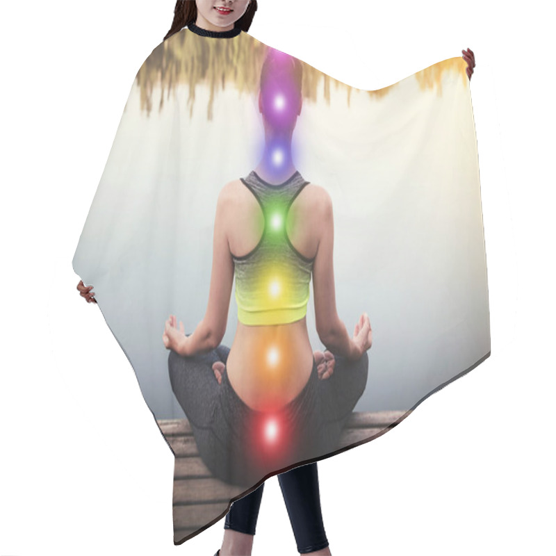 Personality  Woman Meditating On Wooden Pier Near River, Back View. Scheme Of Seven Chakras, Illustration Hair Cutting Cape