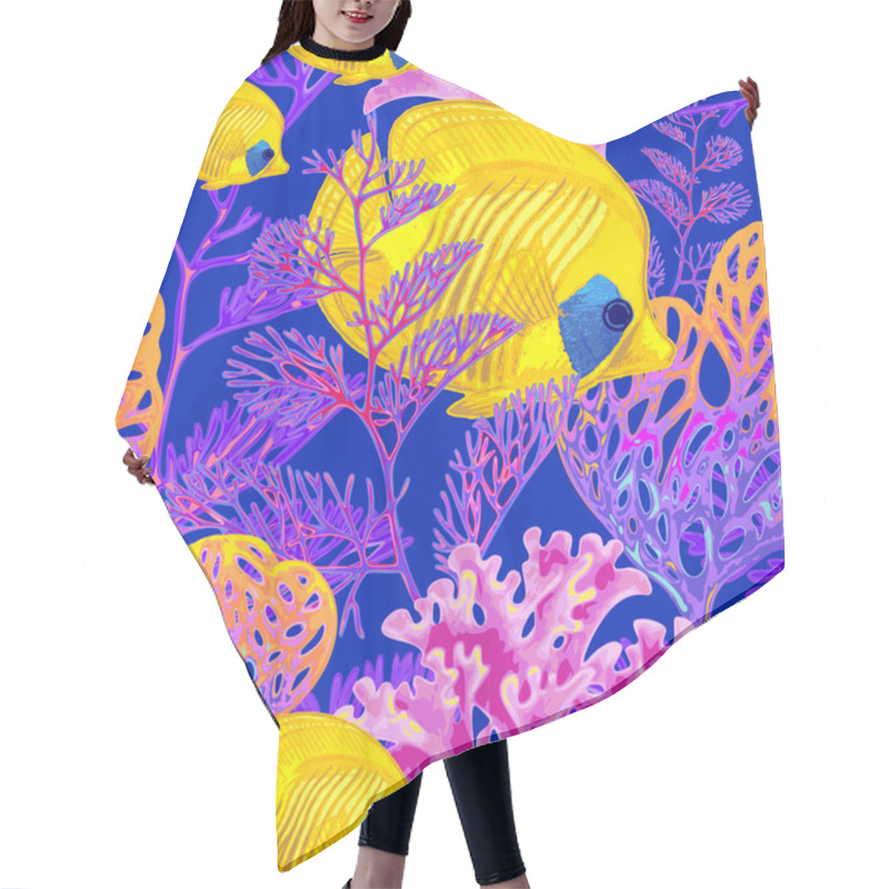 Personality  Seamless Vector Pattern With Fish And Corals. Hair Cutting Cape