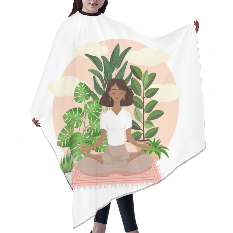 Personality  Beautiful African American Brunette Girl In A Lotus Pose Surrounded By Plants. Vector Illustration Of A Meditating Woman At Home. Harmony And Balance. Crossed Legs. Girl In The Interior Hair Cutting Cape