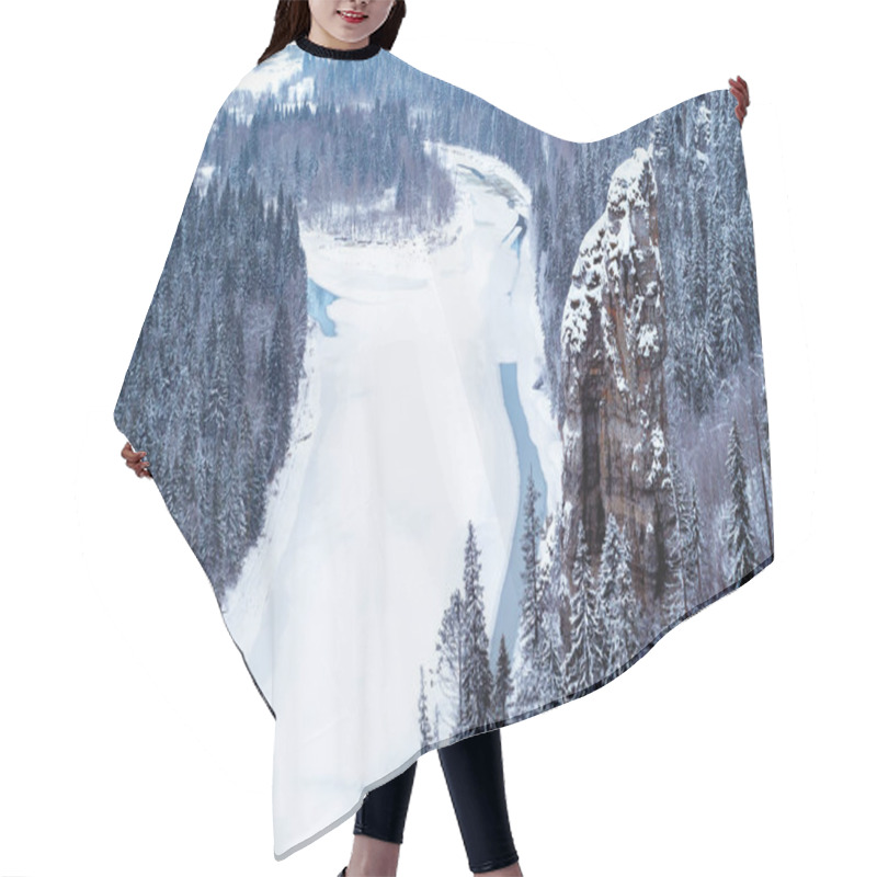 Personality  Top View Of A Frozen River In A Snowy Wooded Rocky Canyo Hair Cutting Cape