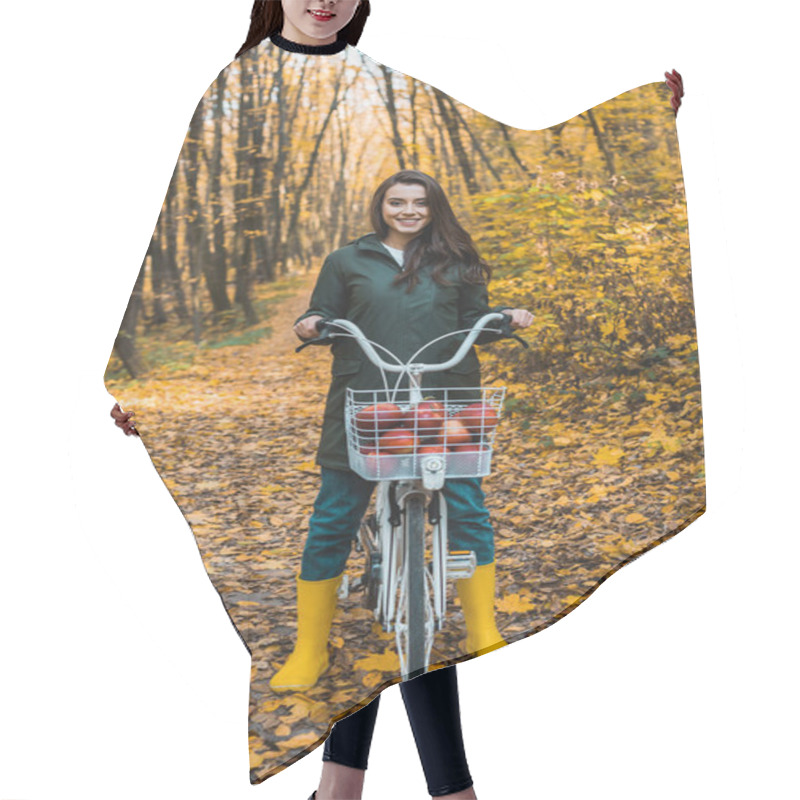 Personality  Attractive Smiling Girl Riding On Bicycle With Basket Full Of Apples In Autumnal Forest Hair Cutting Cape