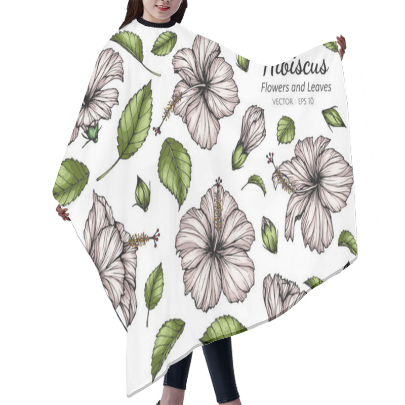 Personality  Set Of White Hibiscus Flower And Leaf Drawing Illustration With Line Art On White Backgrounds. Hair Cutting Cape