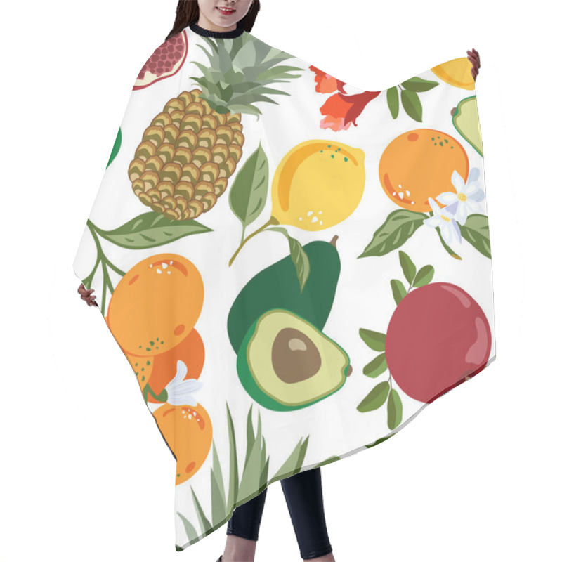 Personality  Mandarin Pineapple Pomegranate Avocado Lemons Floral Pattern, Vector Seamless Fruit Background, Citrus Fruits, Flowers, Leaves, Branches Texture. Tropical Design For Print, Textile, Background, Paper Hair Cutting Cape