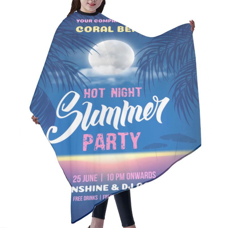 Personality  Summer Night Party Poster Romantic Design With Silhouette Of The Palm Leaves, Full Moon And It Reflection In The Sea Water Near The Beach. Vector Illustration Hair Cutting Cape