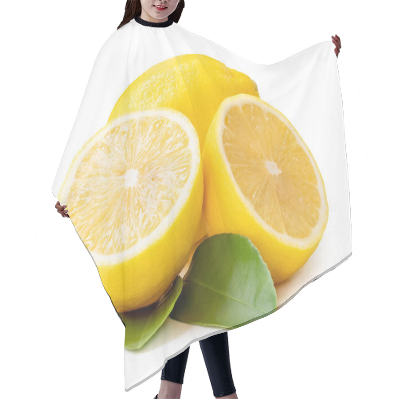 Personality  Single Whole Fresh Beautiful Yellow Lemons With Two Halves And Leaves Is Isolated On White Background With Clipping Path. Hair Cutting Cape