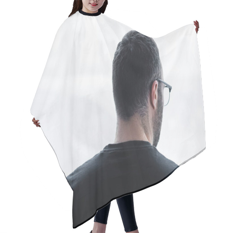 Personality  Back View Of Adult Depressive Man In Black T-shirt Looking Out Window At Home Hair Cutting Cape