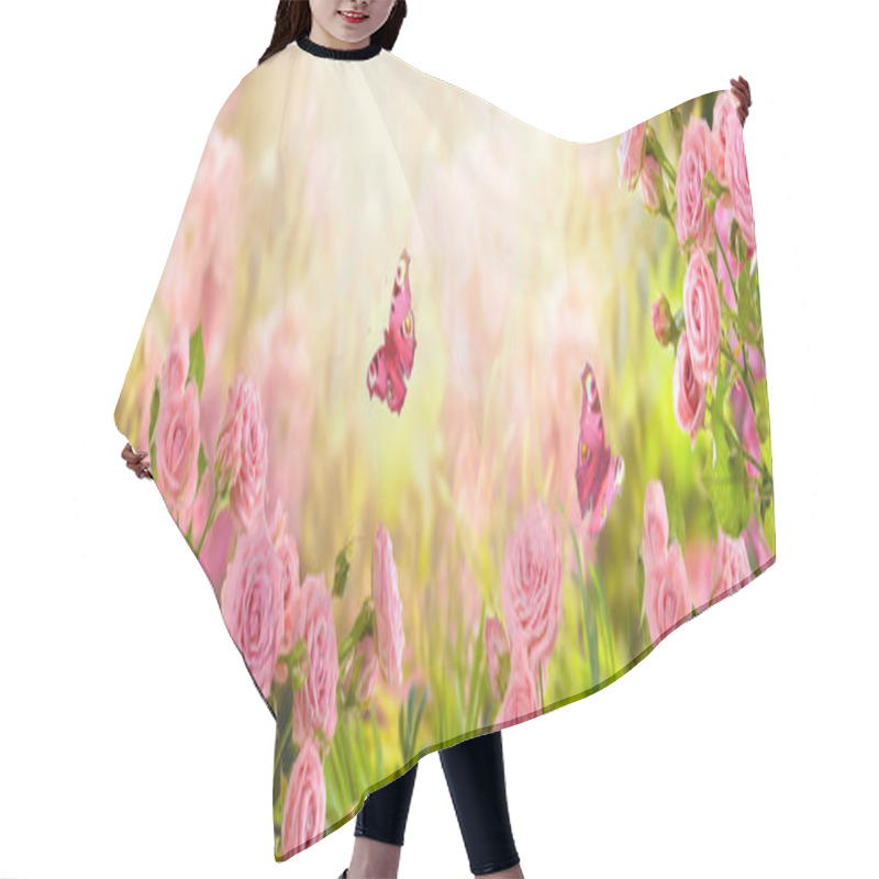 Personality  Fabulous Blooming Pink Rose Flower Summer Garden And Flying Fantasy Peacock Eye Butterflies On Blurred Sunny Shiny Glowing Background, Mysterious Fairy Tale Spring Floral Wide Panoramic Holiday Banner Hair Cutting Cape