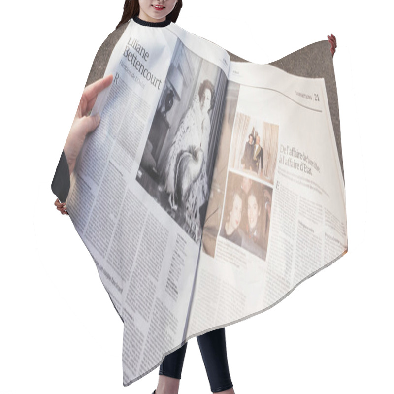 Personality  Iew From Above Of Woman Reading Latest Newspaper Le Monde With P Hair Cutting Cape