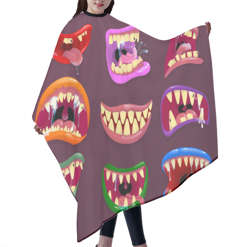 Personality  Scary Mouth With Sharp Teeth And Long Tongue. Hair Cutting Cape