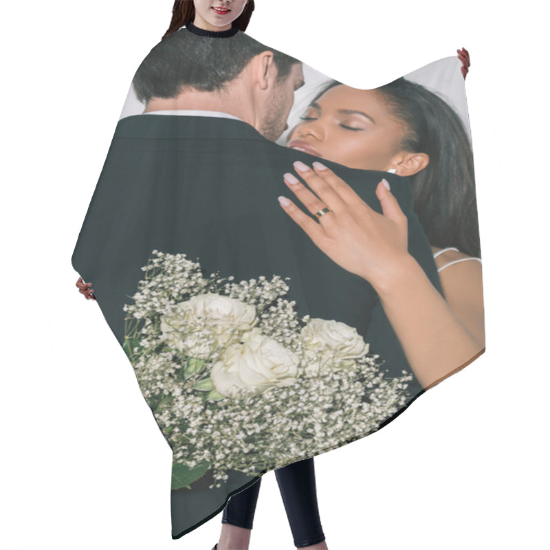 Personality  Beautiful African American Bride Hugging Groom While Holding Wedding Bouquet Isolated On White Hair Cutting Cape