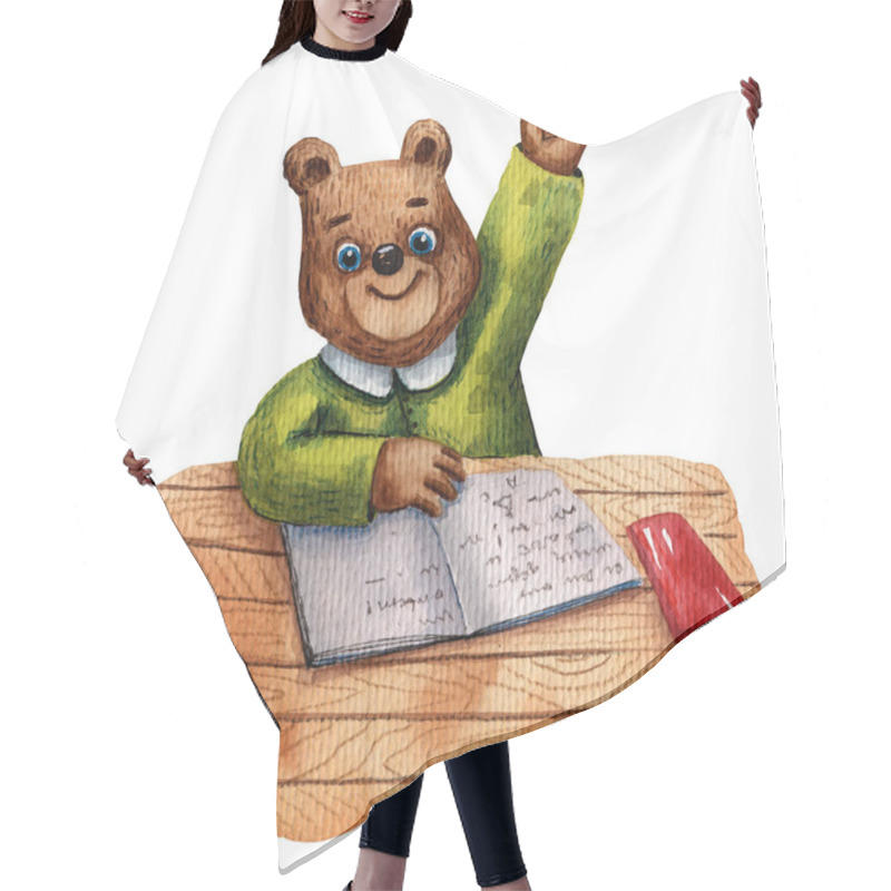 Personality  Watercolor Illustration Of Cute Bear. Pupil Character. Elementary School Illustration. Cartoon Style. School Children. Drawing Book Illustration. Little Clever Boy At The Desk. Wooden School Table. Hair Cutting Cape