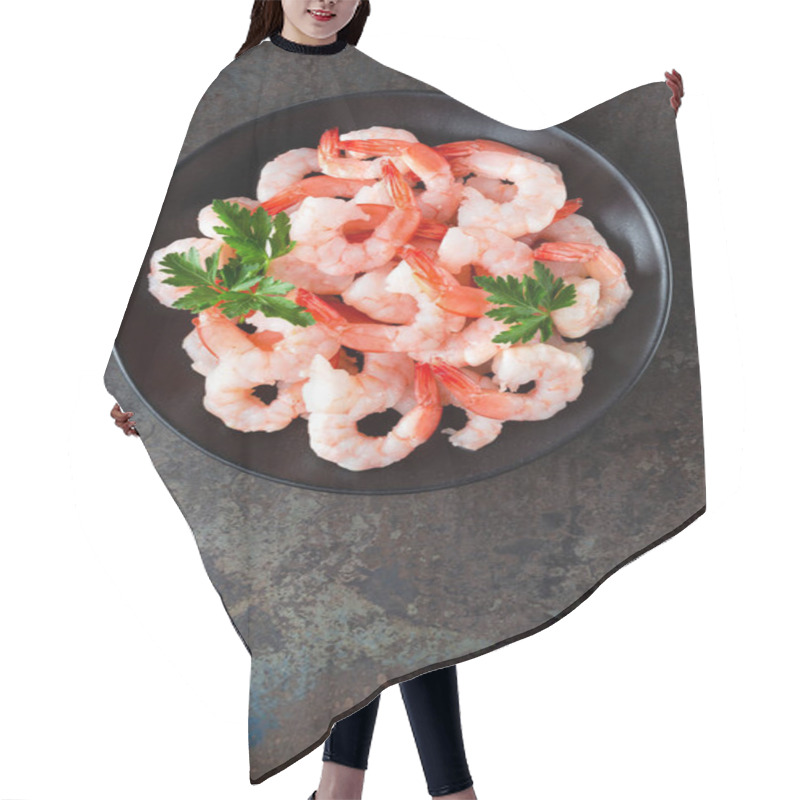 Personality  Prawns On Plate. Shrimps, Prawns. Seafood. Top View. Dark Background Hair Cutting Cape