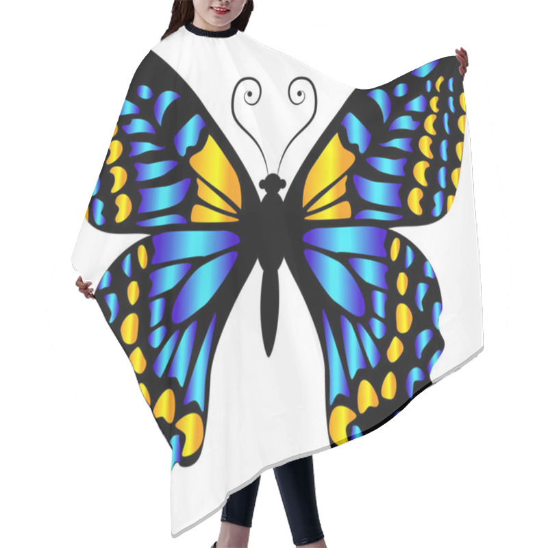 Personality  Beautiful Bright Blue  Butterfly. Vector Illustration Isolated. Hair Cutting Cape