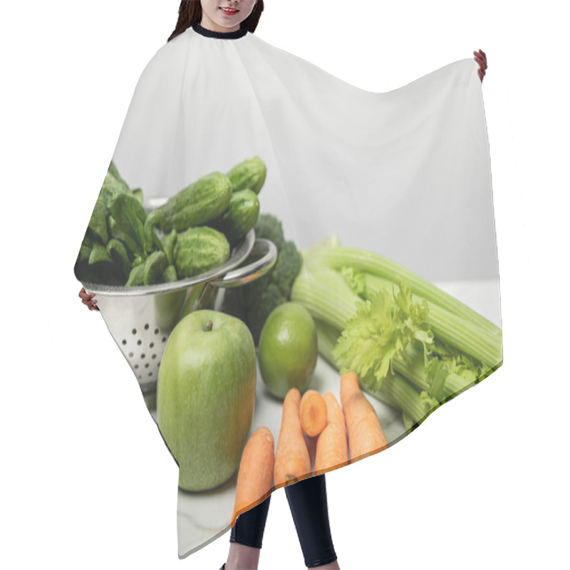 Personality  Sweet Carrots Near Ripe Apple And Green Vegetables On Grey  Hair Cutting Cape