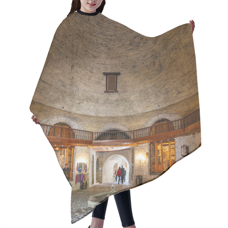 Personality  Shaki, Azerbaijan - May 15, 2024: Visitors Explore The Upper Caravanserai Admiring Its Impressive Stone Architecture, Intricate Designs, And The Welcoming Ambiance Of This Historical Site Hair Cutting Cape