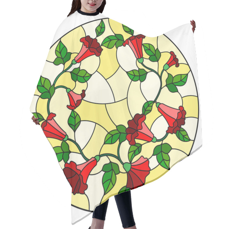 Personality  Illustration In Stained Glass Style Flowers Loach, Red Flowers And Leaves On Yellow Background,round Picture Hair Cutting Cape