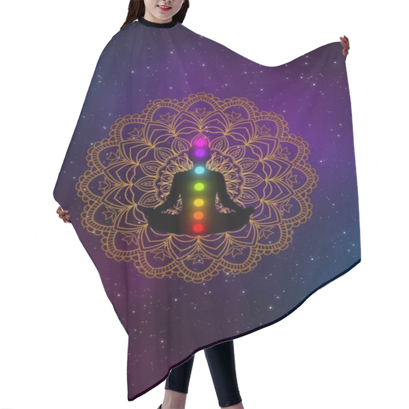 Personality  Abstract Meditation Man With Chakras And Golden Mandala In The Galaxy Illustration Design Background. Hair Cutting Cape